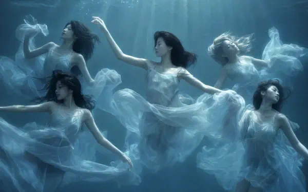 4K Ultra HD PC desktop wallpaper: five ethereal figures drifting underwater in flowing gowns; image tagged LE SSERAFIM.
