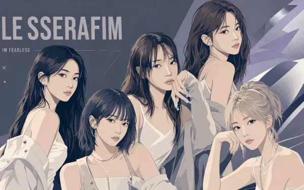 4K Ultra HD PC desktop wallpaper: stylized illustration of five women in white outfits against an angular purple-gray background, serene poses and soft, moody lighting.