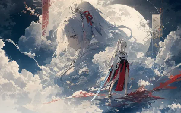Hiyuki (Wuthering Waves) 4K Ultra HD PC desktop wallpaper: a swordwoman in red-white robes stands on a reflective cloud sea beneath a giant ethereal portrait and full moon.