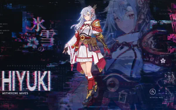 4K Ultra HD PC desktop wallpaper of Hiyuki (Wuthering Waves): white‑haired warrior in red-and-white ornate armor before a glitchy neon cyber backdrop and faded portrait.