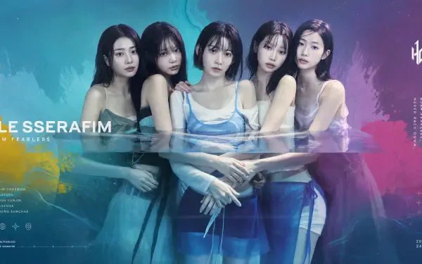4K Ultra HD PC wallpaper: five women in coordinated blue dresses standing waist-deep in reflective water against a teal-to-purple gradient backdrop.