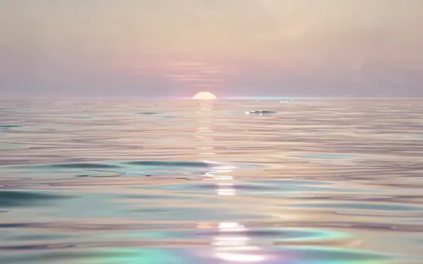 4K Ultra HD PC desktop wallpaper: pastel sunrise over a calm ocean horizon, the sun at the waterline casting a soft, shimmering reflection across glassy waves.