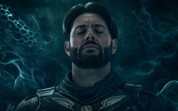 Soldier Boy (The Boys) centered in a dark teal, stormy backdrop, armored suit and solemn expression — 4K Ultra HD PC desktop wallpaper.