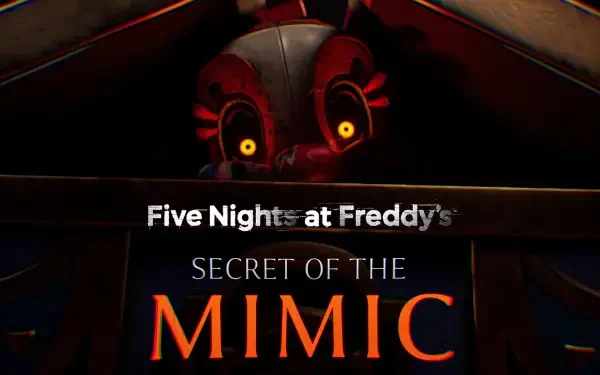 HD PC desktop wallpaper for Five Nights at Freddy's: Secret of the Mimic — a sinister animatronic with glowing yellow eyes peers over the dark MIMIC title.