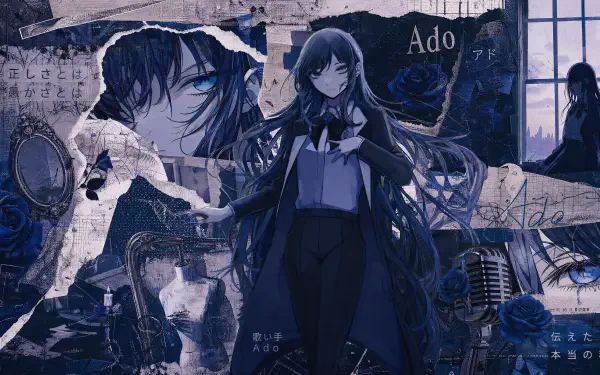 4K Ultra HD PC desktop wallpaper: moody blue collage tagged Ado (Nico Nico Singer) — anime-style singer, roses, torn posters and a vintage microphone.