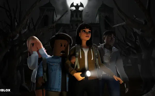 4K Ultra HD Roblox video game PC desktop wallpaper/background: four characters with a flashlight approach a haunted mansion under a moonlit sky with a bat silhouette amid twisted trees.