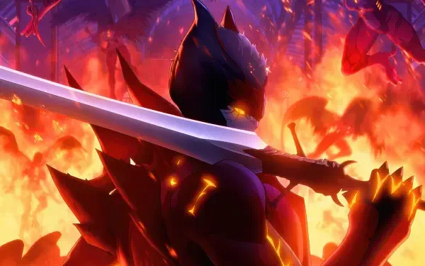 Devil May Cry (2025) 4K Ultra HD PC desktop wallpaper: horned demon with glowing eyes brandishing a sword amid erupting flames and embers.