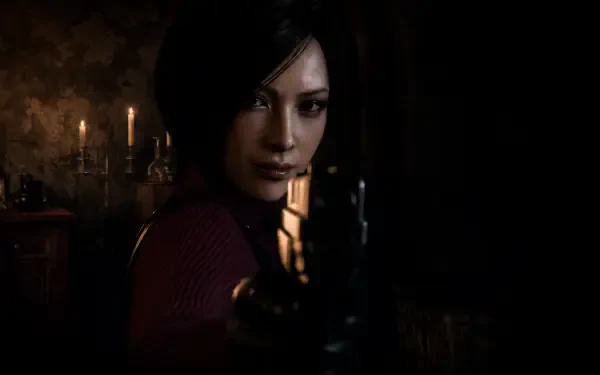 Resident Evil 4: dark-haired woman points a pistol at the viewer in a candlelit room — 4K Ultra HD PC desktop wallpaper background.