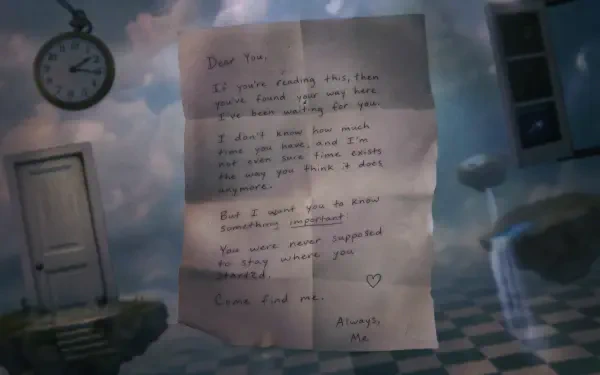 4K Ultra HD PC desktop wallpaper showing a handwritten letter (message) floating in a dreamy, surreal room with a pocket watch, door, checkerboard floor and cloudy sky.