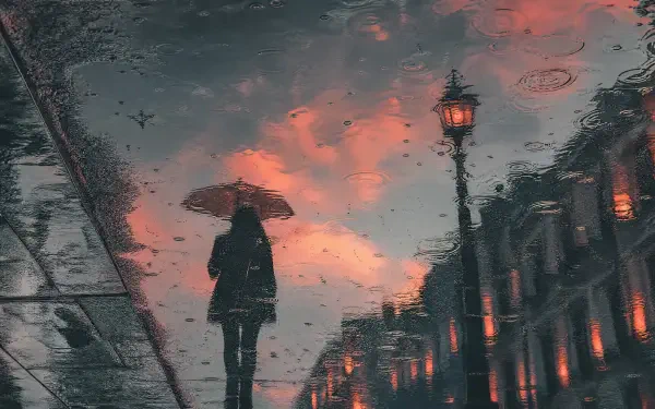 Rainy reflection: silhouetted figure with umbrella on wet street reflecting lamplight and sunset — 4K Ultra HD PC desktop wallpaper and background.
