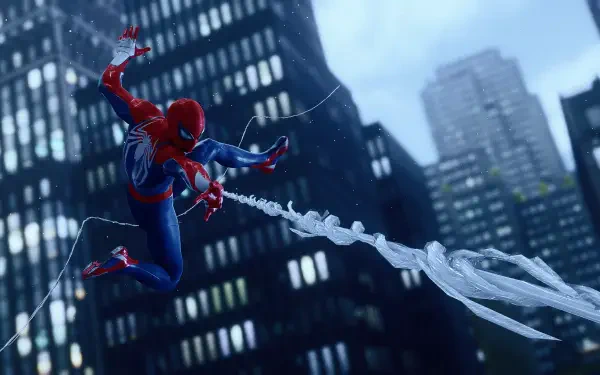 HD PC desktop wallpaper, photography-style: Spider-Man (Peter Parker) mid-swing, shooting a web across rain-slick skyscrapers at dusk.