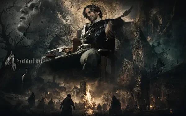 Resident Evil 4 4K Ultra HD PC desktop wallpaper: brooding protagonist seated on a throne above a ruined village, gothic cathedral spires, shadowed figures and a fiery, smoky atmosphere.