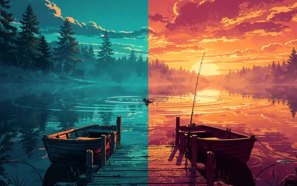 4K Ultra HD PC desktop wallpaper of a secluded fishing spot: two wooden boats at a misty dock, split blue-green dawn and orange-pink sunset over a calm forest lake.