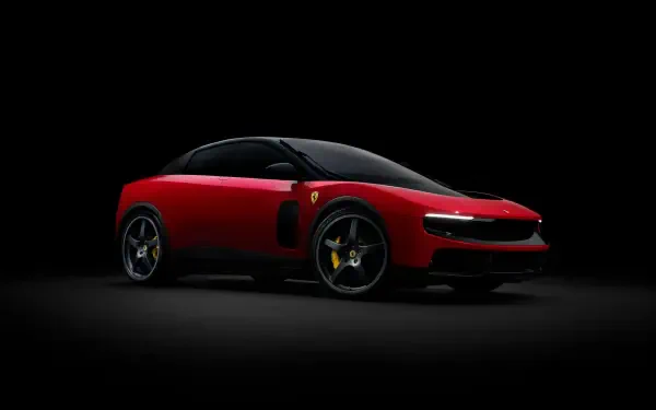 Red Ferrari Luce coupe on a dark studio background, dramatic side view with highlights — 4K Ultra HD PC desktop wallpaper and background.
