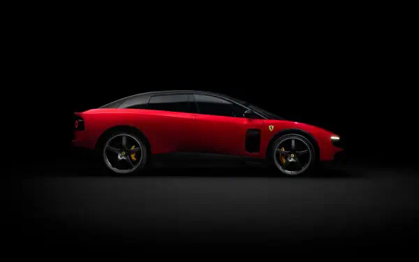 Red Ferrari Luce side profile on a black backdrop, 4K Ultra HD PC desktop wallpaper highlighting the vehicle's sleek silhouette.