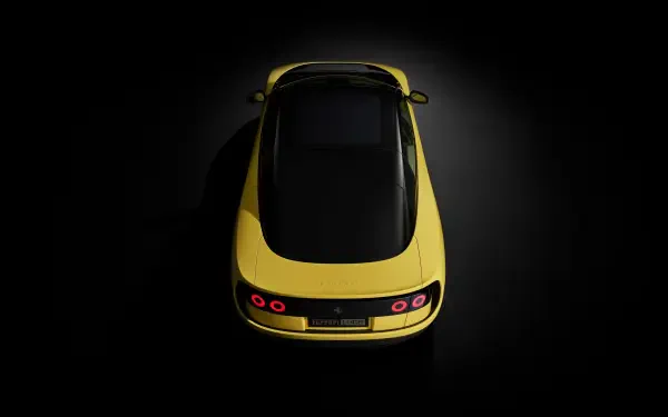 Top-down view of a yellow Ferrari Luce vehicle against a dark backdrop, rendered as a 4K Ultra HD PC desktop wallpaper and background.