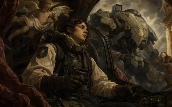 4K Ultra HD PC desktop wallpaper and background of a mech pilot in a cockpit: a young pilot in a flight suit seated beside a massive armored mech, bathed in dramatic, painterly lighting.