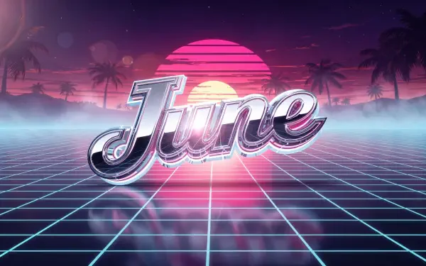 Retro neon June script set against a glowing pink sun, grid-reflected floor and palm silhouettes — 4K Ultra HD PC desktop wallpaper and background.