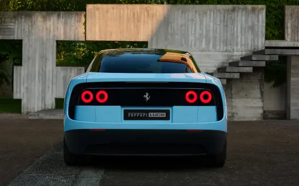 Rear view of a light blue Ferrari Luce parked before concrete modern steps, 4K Ultra HD PC desktop wallpaper background featuring the vehicle's round taillights.