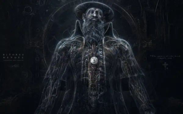4K Ultra HD PC desktop wallpaper of Bitores Mendez: towering spectral figure in a hat and coat, luminous vein-like tendrils and a central medallion set against a dark, textured background.