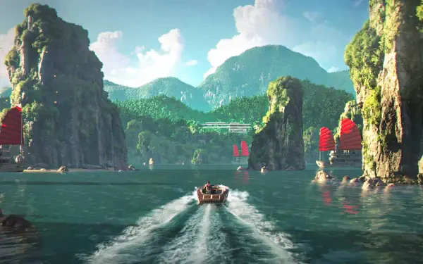 HD PC desktop wallpaper from the video game 007 First Light: speedboat crossing turquoise sea toward karst islands and red-sailed junks beneath sunlit mountains.