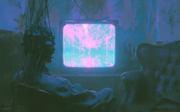 Retro-futuristic room: silhouetted figure in an armchair watching a glitchy neon TV in cyan and magenta — sci-fi nostalgia, 2K Quad HD PC desktop wallpaper/background.