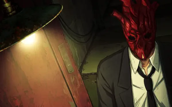 Dorohedoro's Shin in a red demon mask and suit beneath a grim industrial lamp — acid-punk, horror-aesthetic anime 5K Ultra HD desktop wallpaper.