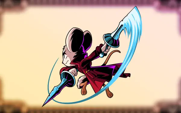 HD PC desktop wallpaper of Minna The Hollower: stylized mouse protagonist in a red cloak lunging with a glowing blade arc against a soft gradient background, video game art.