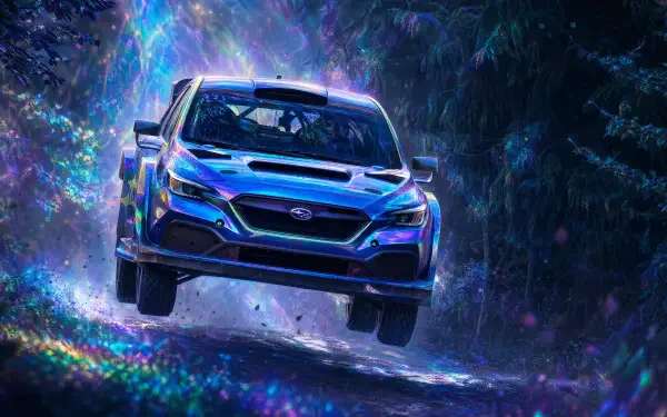 Blue Subaru rally car airborne on a forest trail with neon, cosmic light effects — 4K Ultra HD PC desktop wallpaper and background.