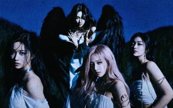 Unidentified female quartet with black angel wings in moody blue lighting, wearing white gowns and striking poses — 4K Ultra HD PC desktop wallpaper/background.