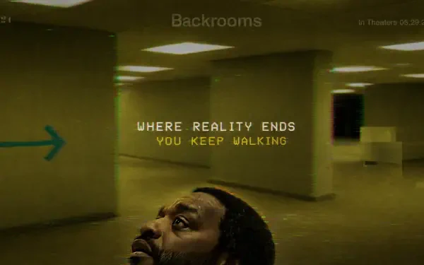 Backrooms 4K Ultra HD PC desktop wallpaper — yellowed fluorescent corridors with a painted arrow, text WHERE REALITY ENDS YOU KEEP WALKING and a man's anxious face in the foreground.