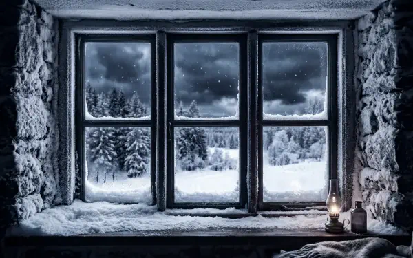 Snowy window — 5K Ultra HD PC desktop wallpaper and background showing a frosted stone sill, lit lantern, and snow-covered pines under a brooding winter sky.