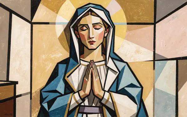 Stylized stained-glass depiction of the Virgin Mary, haloed and praying in a blue robe — 4K Ultra HD PC desktop wallpaper and background.