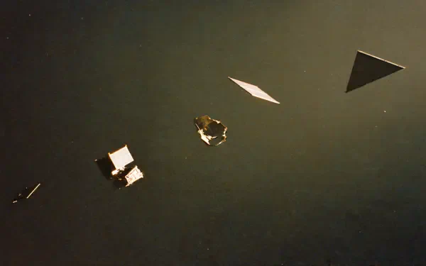 4K Ultra HD PC desktop wallpaper of space debris: metallic panels and fragments drifting against a deep, muted space backdrop.
