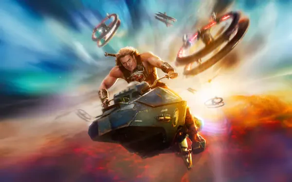 Masters of the Universe (2026) 5K Ultra HD PC wallpaper: muscular hero on a hovering bike streaks through vivid clouds as glowing rings whirl around him.