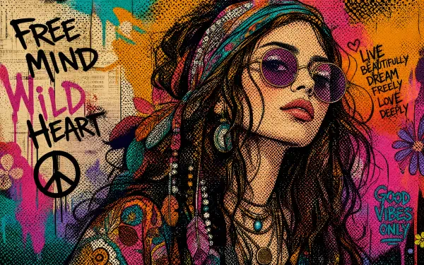 Bohemian portrait of a woman in a colorful headscarf and sunglasses amid psychedelic floral graffiti reading Free Mind Wild Heart with a peace sign — 4K Ultra HD desktop wallpaper.