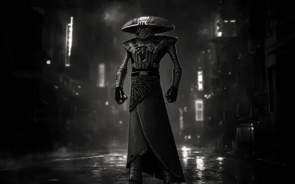Embo (Star Wars) in 4K Ultra HD PC desktop wallpaper/background: cloaked bounty hunter in a rain-soaked neon alley, dramatic cinematic black-and-white composition.