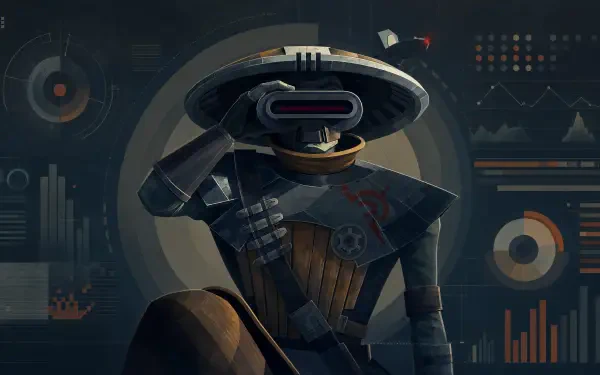 Stylized Embo (Star Wars) in a wide-brimmed hat and mask, posed before a circular halo and HUD-style data graphs — 4K Ultra HD PC desktop wallpaper.