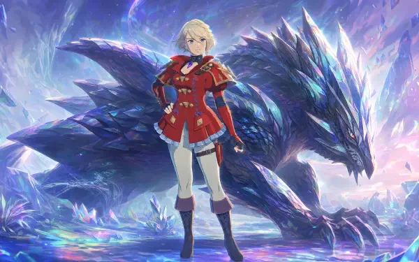 Monster Hunter Stories 3: Twisted Reflection video game 4K Ultra HD wallpaper showing a blonde armor-clad rider in red before a crystalline blue dragon, vibrant icy-purple fantasy background.