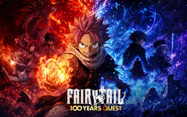 4K Ultra HD PC desktop wallpaper of Fairy Tail: 100 Years Quest — Natsu with a blazing fist and fellow guild members framed by red and blue energy, Fairy Tail logo centered at the bottom