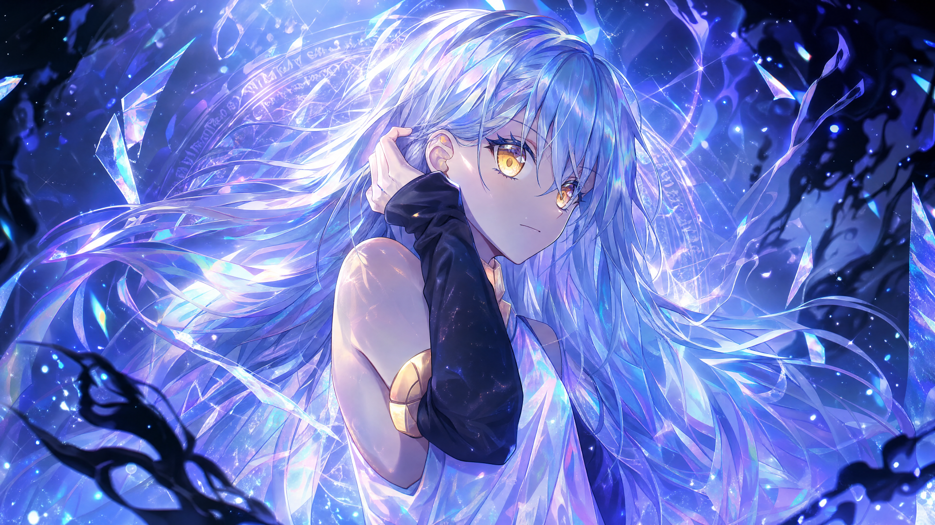 Rimuru Tempest in 4K Ultra HD PC desktop wallpaper: ethereal blue‑haired figure with glowing golden eyes, flowing crystalline hair and a radiant energy aura.