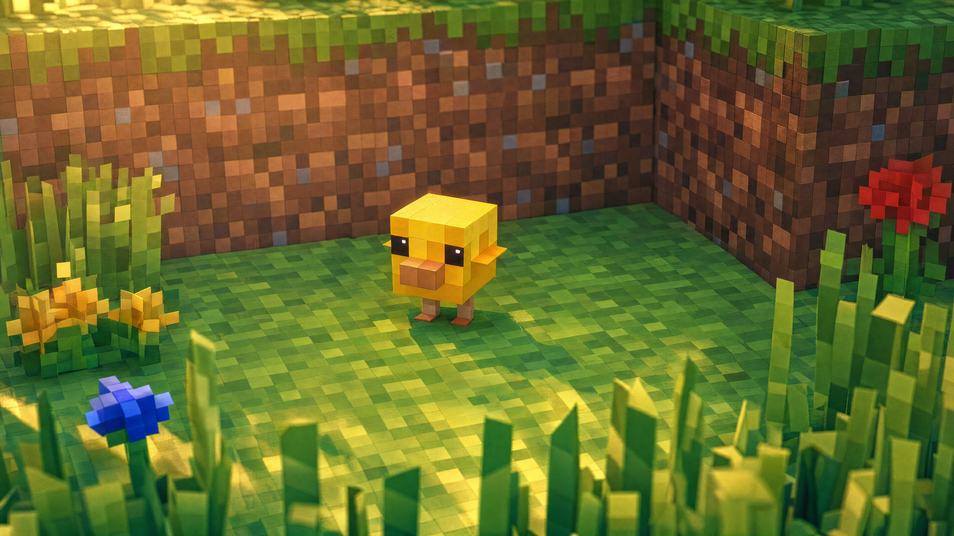 Minecraft 4K Ultra HD PC desktop wallpaper and background: blocky yellow chick on sunlit grass amid dirt block walls and flowers.