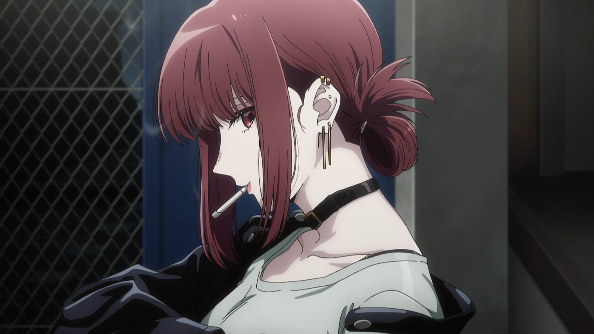 HD PC desktop wallpaper: Anime Yamada (Smoking Behind the Supermarket with You) — red-haired Yamada smoking by a chain-link fence, wearing a choker and off-shoulder leather jacket.