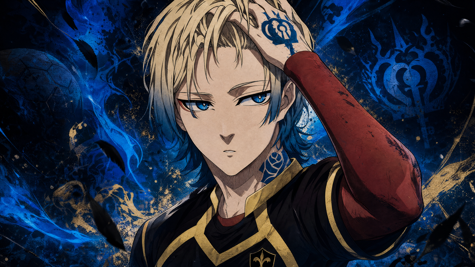 4K Ultra HD PC desktop wallpaper: anime-style blond, blue-eyed character with blue flame motifs and neck tattoo, hand to head, intense gaze — tagged Miachael Kaiser.