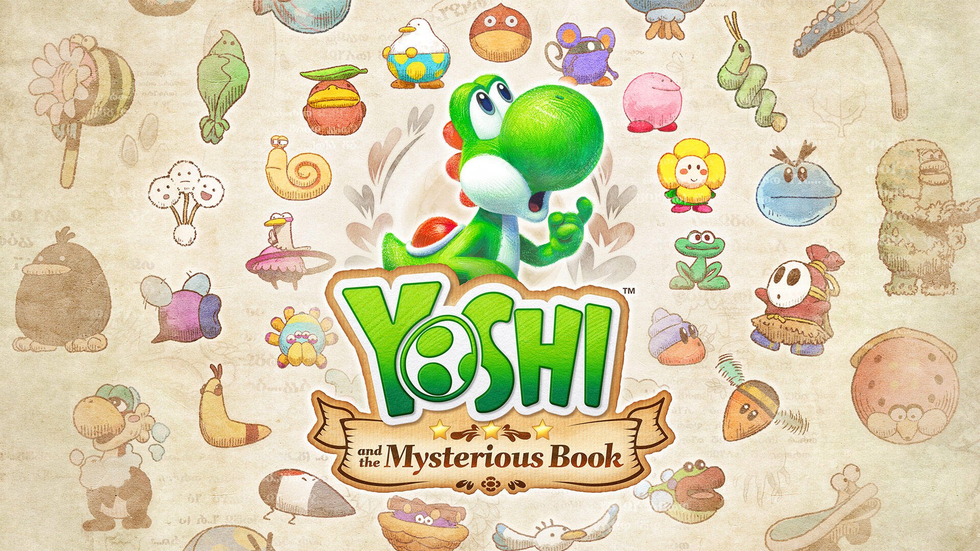 HD PC desktop wallpaper featuring Yoshi from the video game Yoshi and the Mysterious Book, centered over a whimsical parchment background with items and creatures.