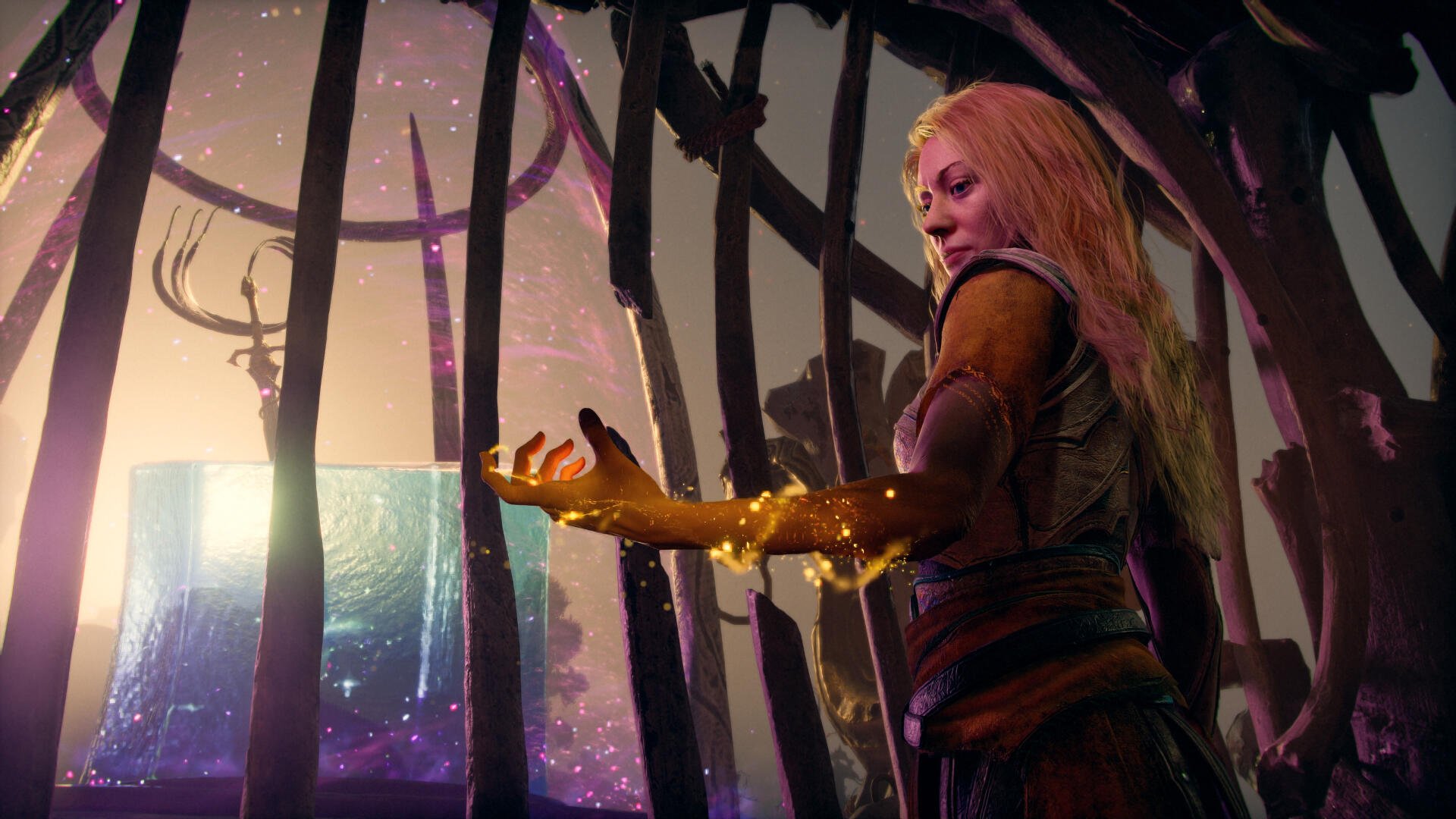 God of War video game 4K Ultra HD PC desktop background: Laufey stands inside a wooden cage, golden magic flowing from her arm toward a shimmering portal, twilight sky and stag silhouette beyond.
