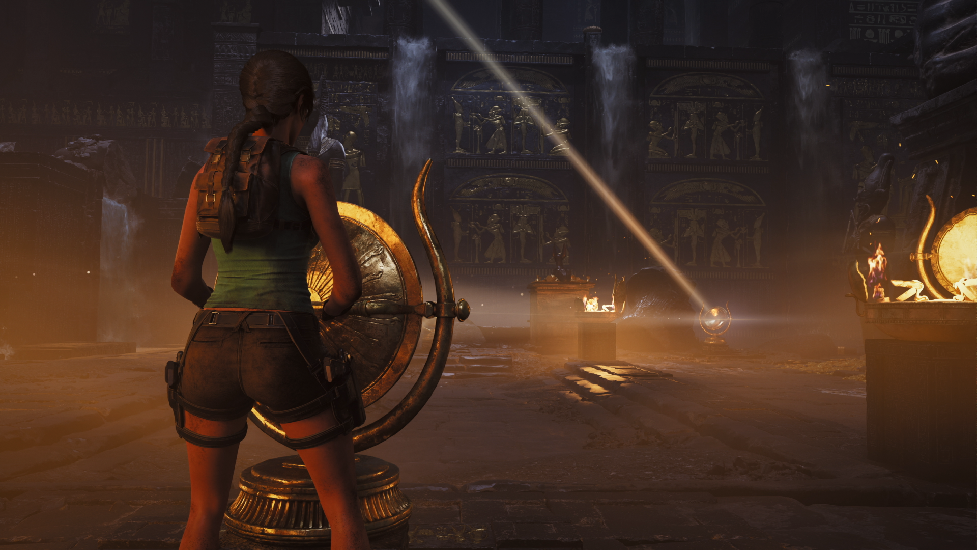 Lara Croft from Tomb Raider: Legacy of Atlantis explores a mist-shrouded temple, adjusting a golden astrolabe — 4K Ultra HD PC desktop wallpaper and background.
