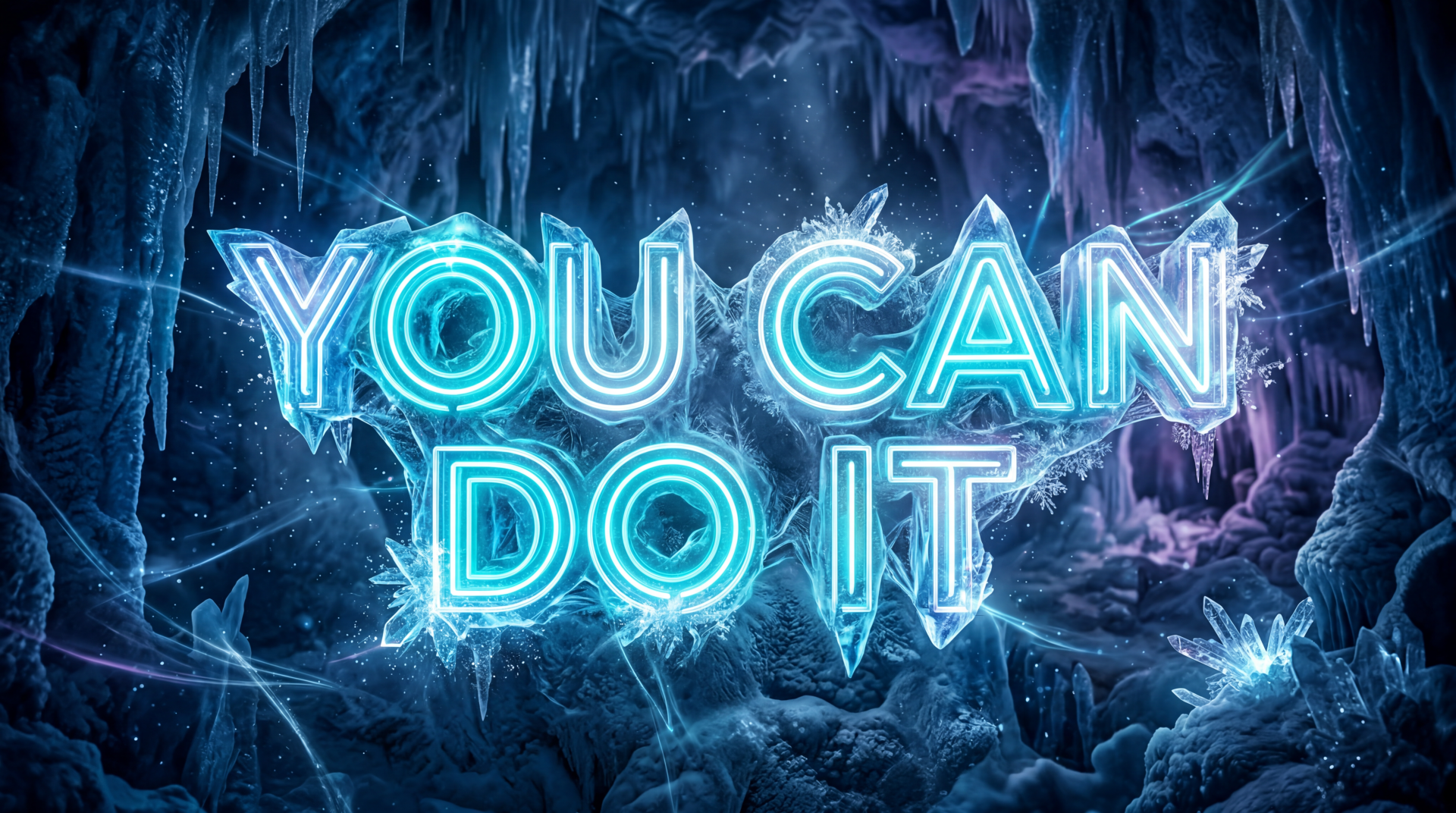 5K Ultra HD PC desktop wallpaper: glowing neon-blue YOU CAN DO IT text embedded in a crystalline ice cave with shimmering stalactites and frosty accents.