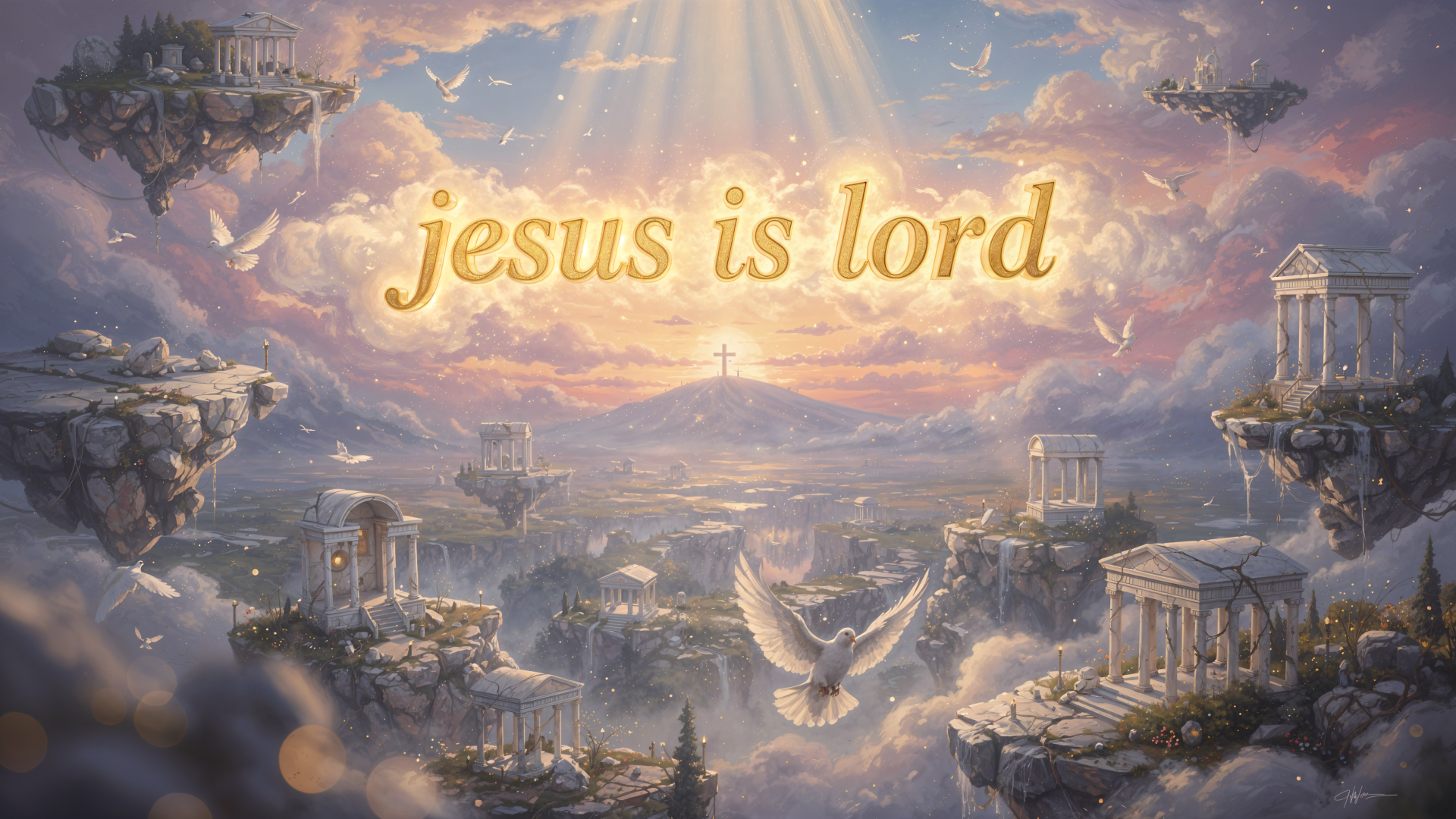 4K Ultra HD PC desktop wallpaper/background: radiant jesus is lord text over a heavenly panorama of floating islands, ancient temples, doves and golden sunbeams.