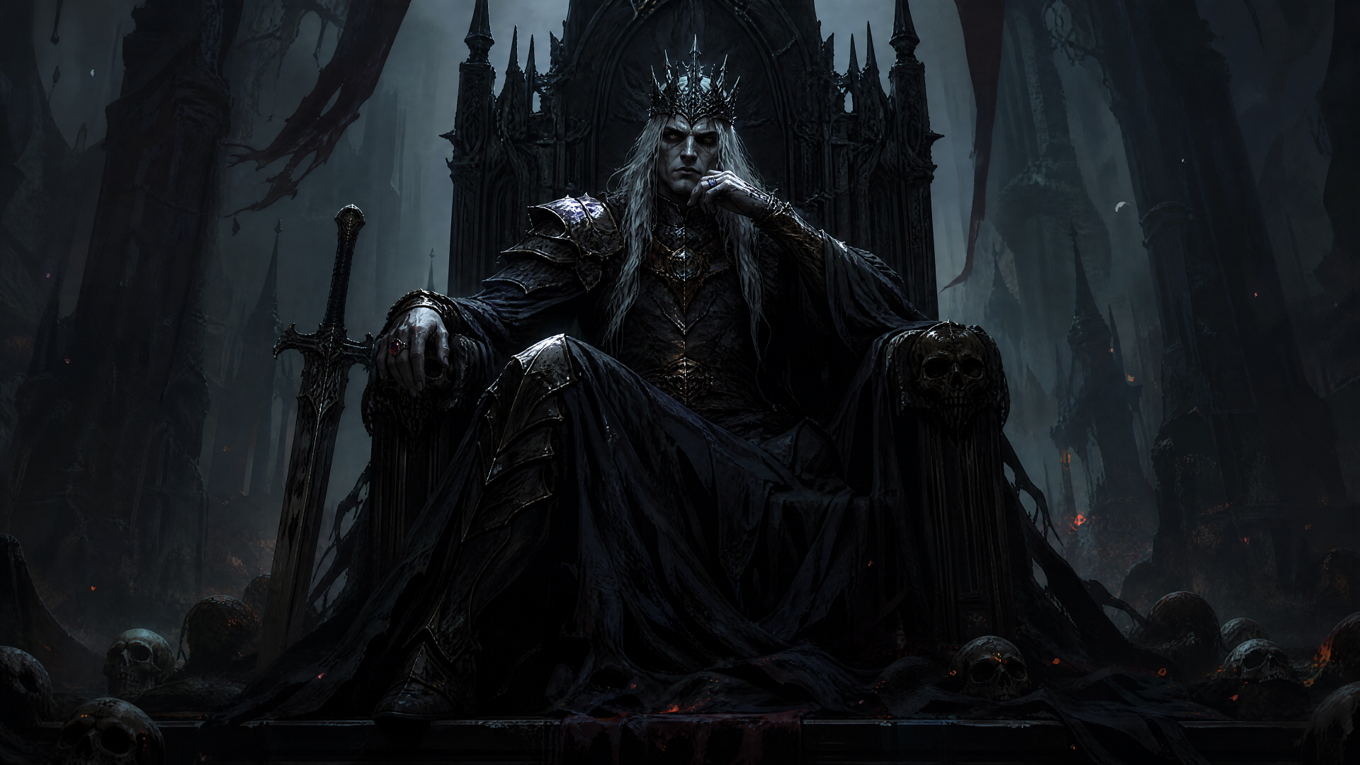 Dark king in an ornate crown and armor seated on a black throne amid skulls and swords in a towering gothic hall — 4K Ultra HD PC desktop wallpaper, moody shadowed fantasy background.